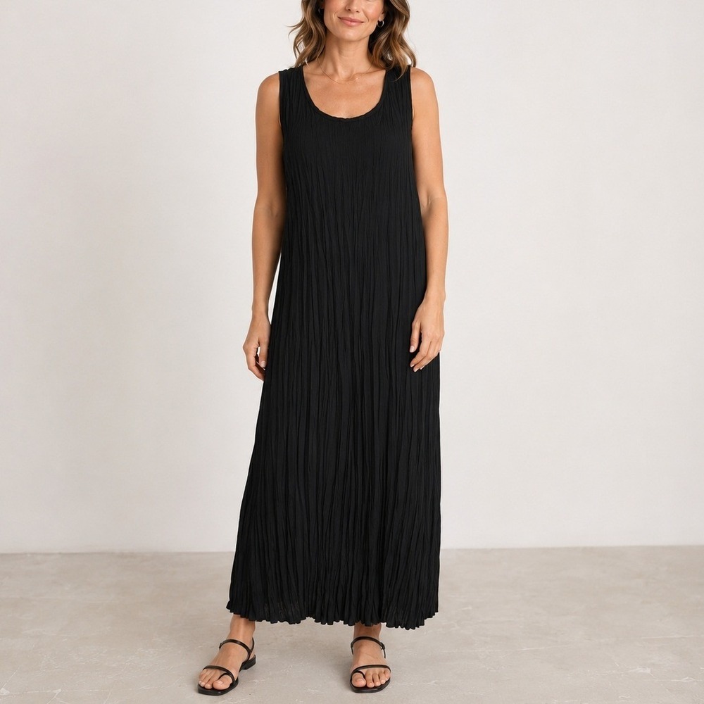 Babette Crinkle Tank Dress Womens M Black Pleated Maxi Minimalist Lagenlook Boho